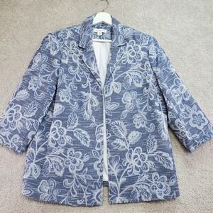 Coldwater Creek Blue White Floral Print Blazer Jacket Women 14 Office Cottage